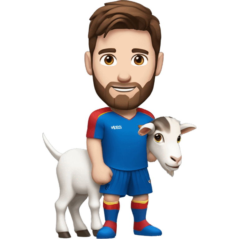 Messi holding a goat, redish brown hair redish beard, blue eyes, wearing a superman outfit emoji