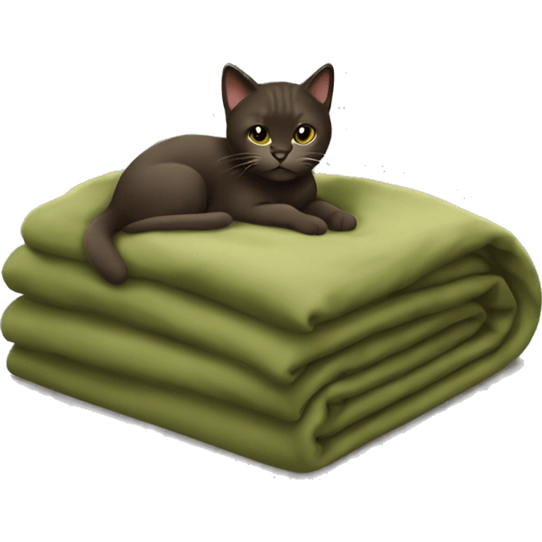 Dark brown cat with a khaki green blanket full size emoji