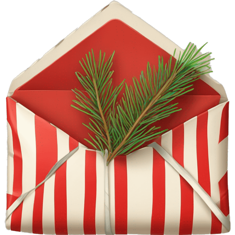 Red and white striped envelope, wrapped in twine with pine needle underneath bow  emoji