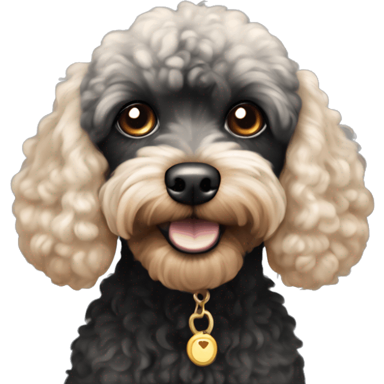 Black cavapoo that is mostly poodle with beige eyebrows, mouth, legs and chest emoji