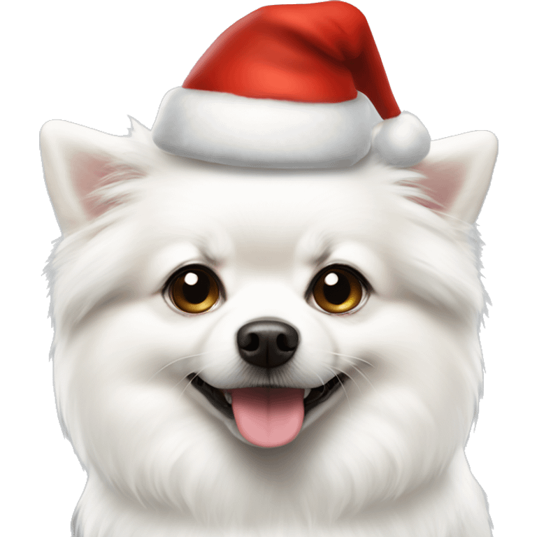 White dog pomeranian shpitz with small black eyes wearing Christmas hat  emoji