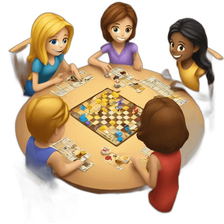 White 2 girls and 2 boys are playing board game at the round table emoji