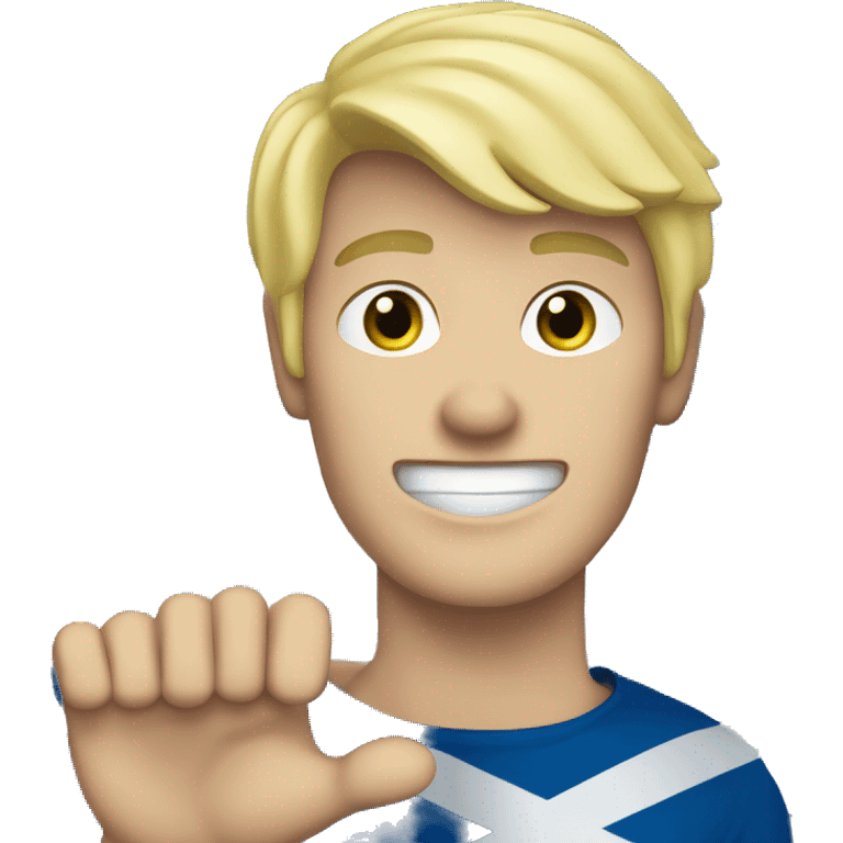 Blonde haired Scottish male waving his hand with a Scotland flag in the background emoji