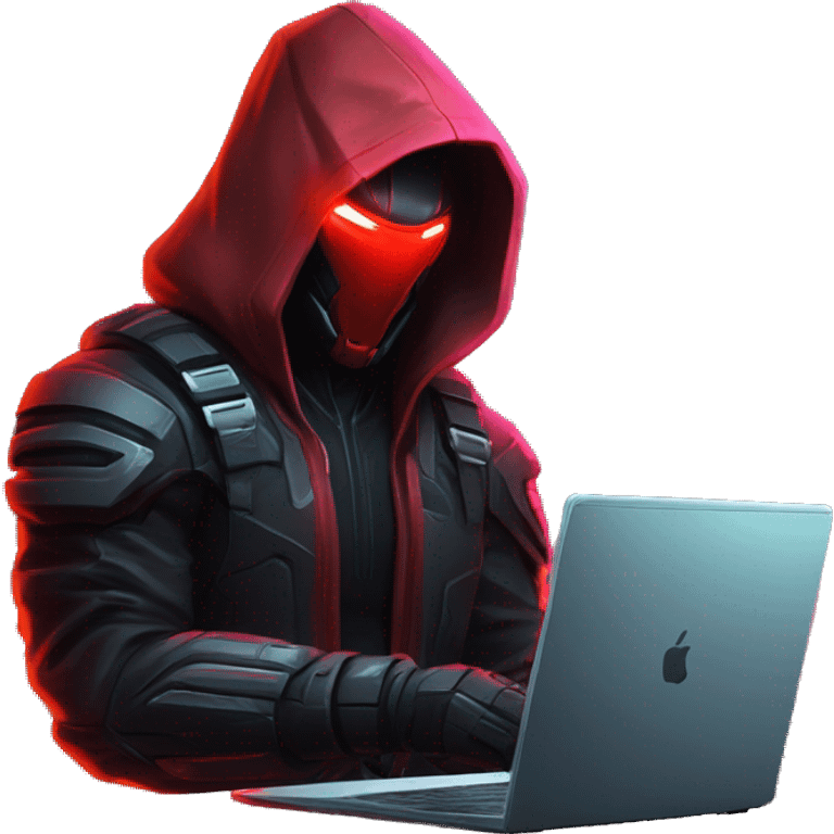 developer behind his laptop with this style : crysis Cyberpunk Riot Games Valorant neon glowing bright red character red dark black hooded assassin themed character emoji