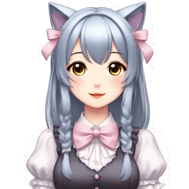 Gorgeous anime style catgirl with blushing face with maid outfit bow tie idol model kawaiicore pearly petite simplistic aesthetic trending style emoji