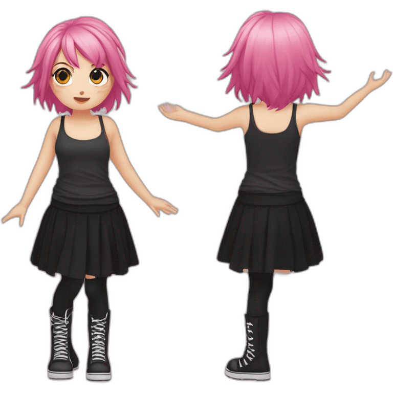 Full body Front view curvy emo girl pink hair sits on the floor straight view hands up black skirt белые трусики emoji