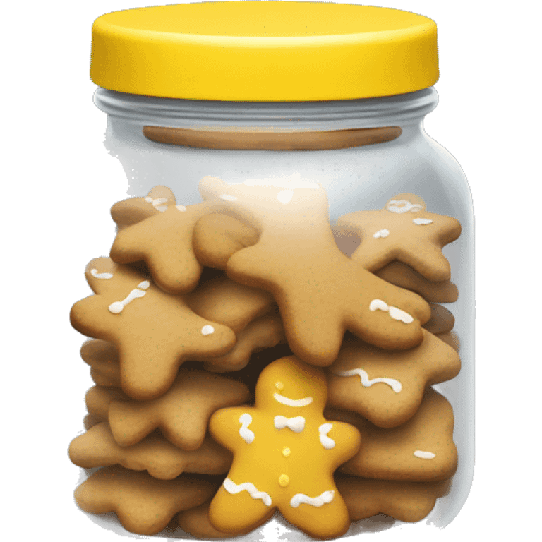 Realistic glass cookie jar yellow lid full of gingerbread cookies isolated.  emoji