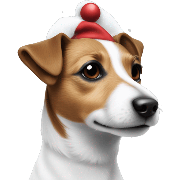 Jack Russel with white fur and brown spots with Christmas hat in the snow emoji