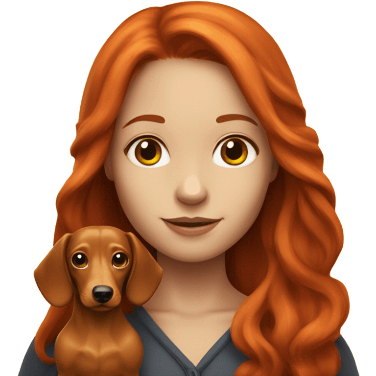 A girl with long red hair holding a yellow long haired dachshund  emoji