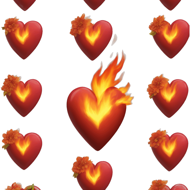 Realistic heart on fire with burning flowers emoji