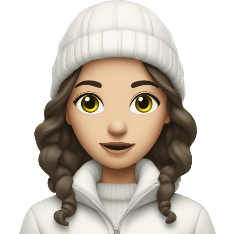 Brunette girl with green eyes in white winter outfit emoji