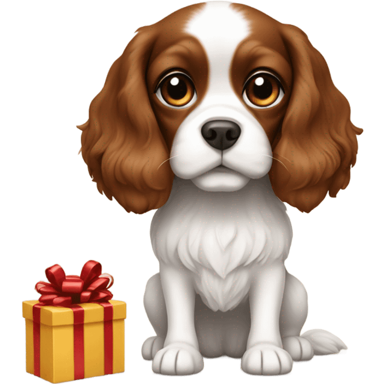 Brown and white cavalier dog and gift box emoji