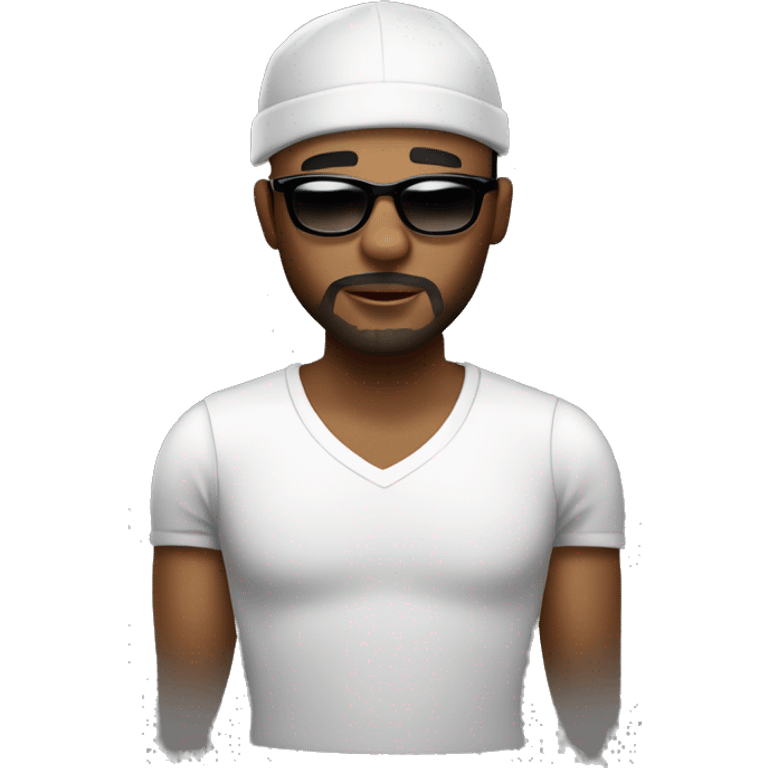 Create a male emoji, with characteristics of mestizo race, afro nose, rap style, short hair, short and clean beard, black beach glasses, urban clothing. emoji