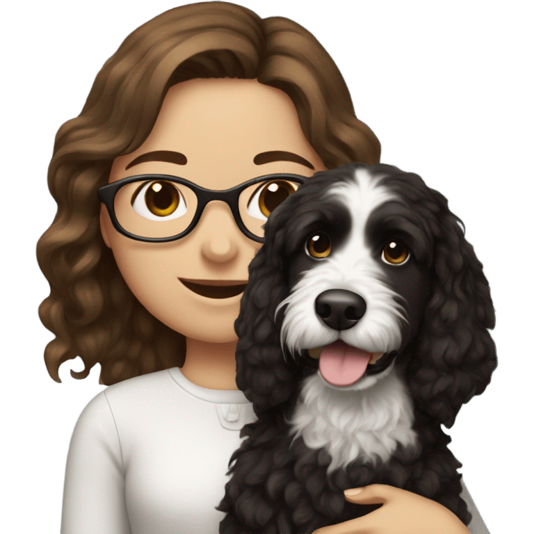 Girl with brown hair and glasses with a black and white bernadoodle dog emoji