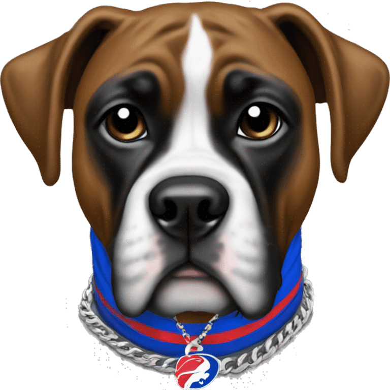 A dog, black boxer, wearing buffalo bills gear necklace  emoji