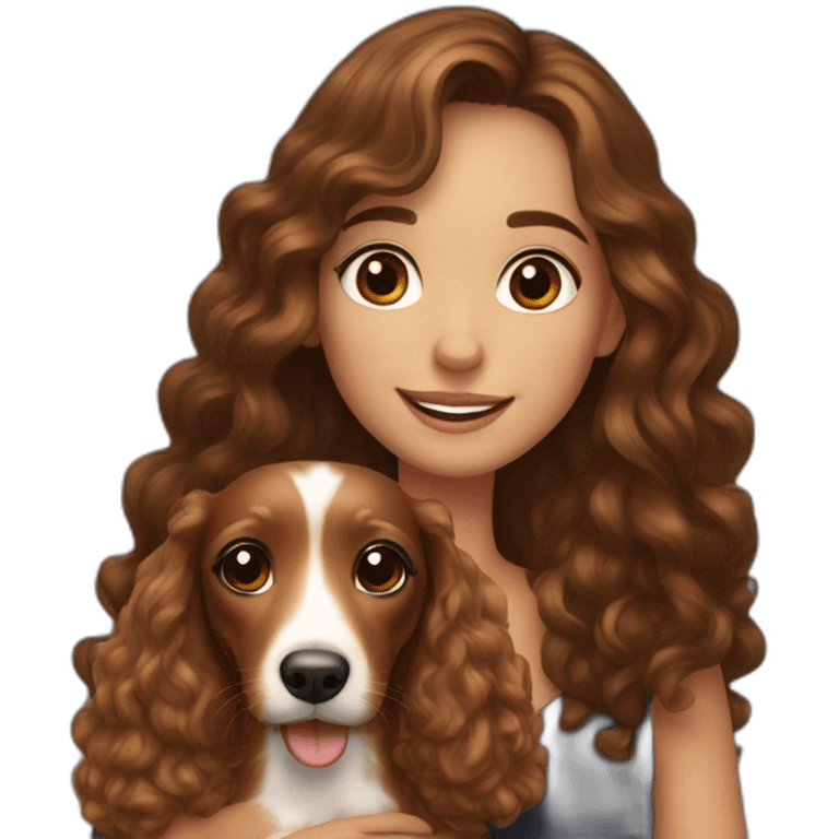 Young lady long curly brown hair smiling and brown eyes with long eyelashes and holding a dachshund  in her arms emoji