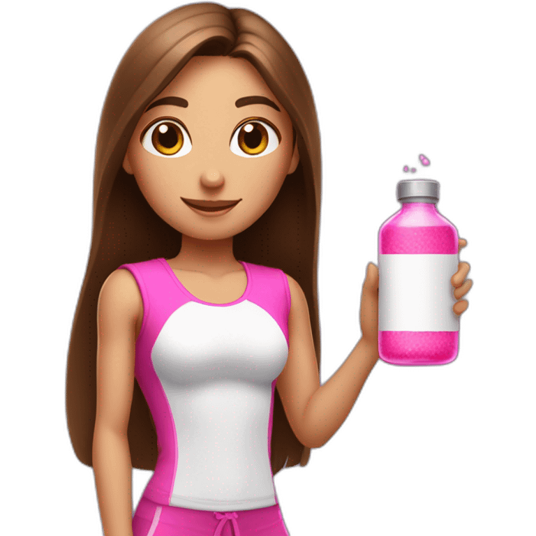 fitness girl with straight long brown hair, wearing white and holding a pink magic potion emoji