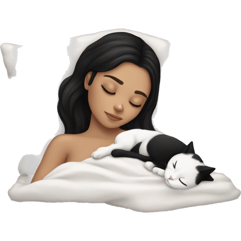 White girl with black hair sleeping with white cat emoji