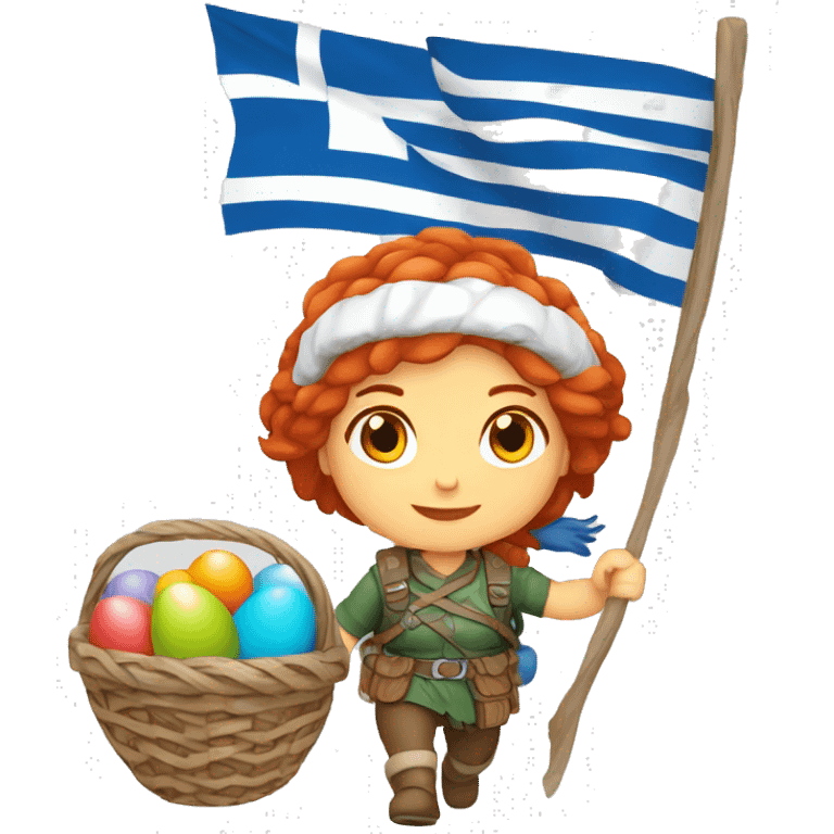 Greek Female winter mountaineer red hair white skin climbing with Greek Flag and Easter eggs basket emoji