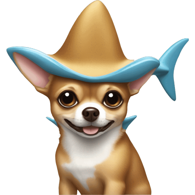 Gold-brown, fuzzy Chihuahua with an shark hat emoji