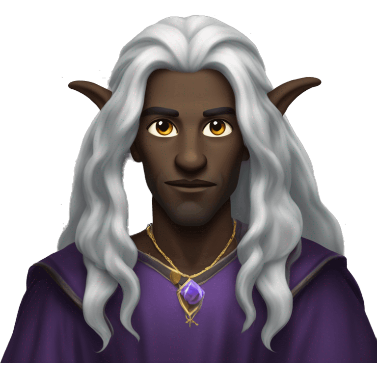  A black male high elf that is a witch fortune teller that has large, pointed ears with long black curly hair past his back emoji