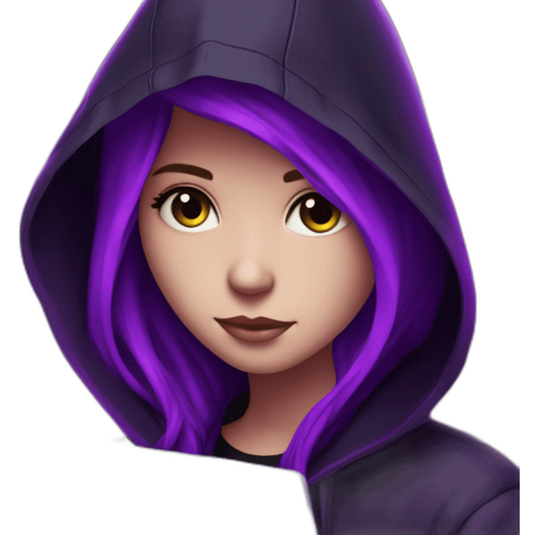  Girl artist behind his laptop with this style : Alan Walker Singer neon glowing bright purple character purple black hooded hacker themed character emoji