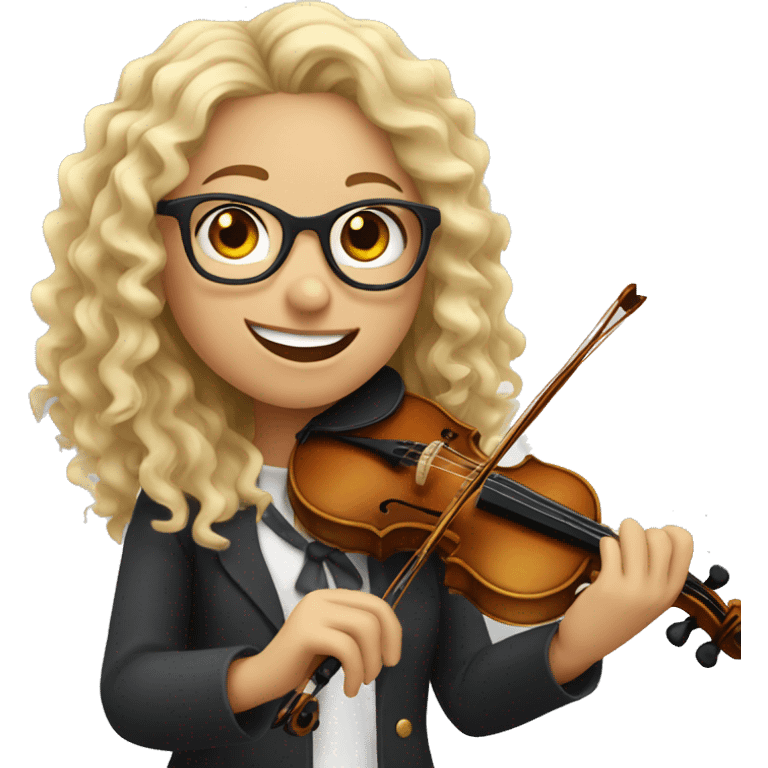 curly blonde girl with glasses happy playing the violin emoji