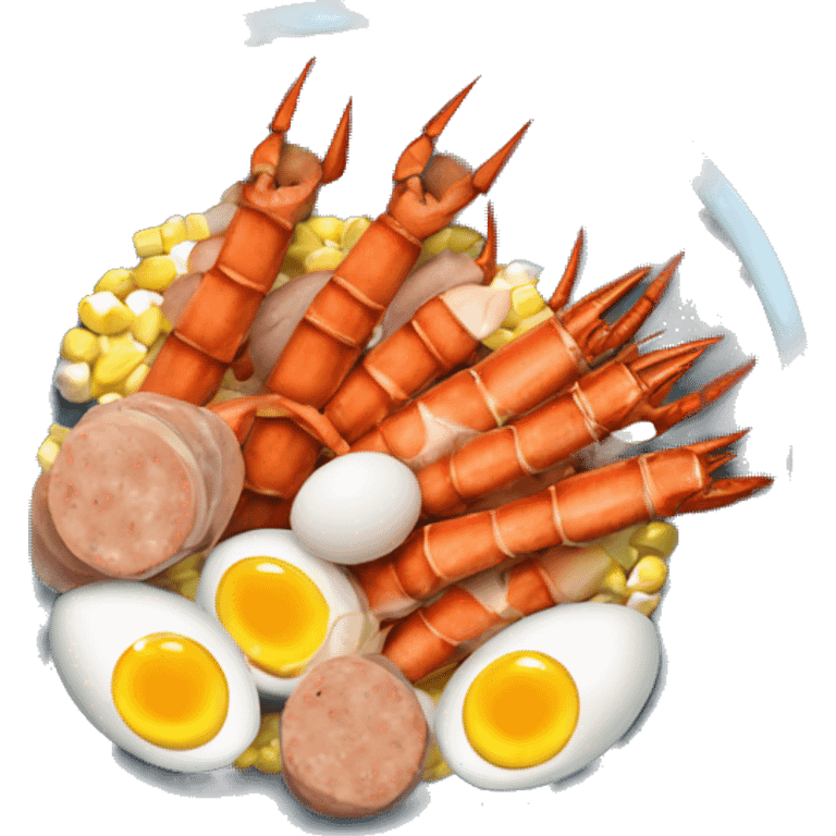 Bowl with crab legs and hard boiled eggs and corn cobs and sausage  emoji