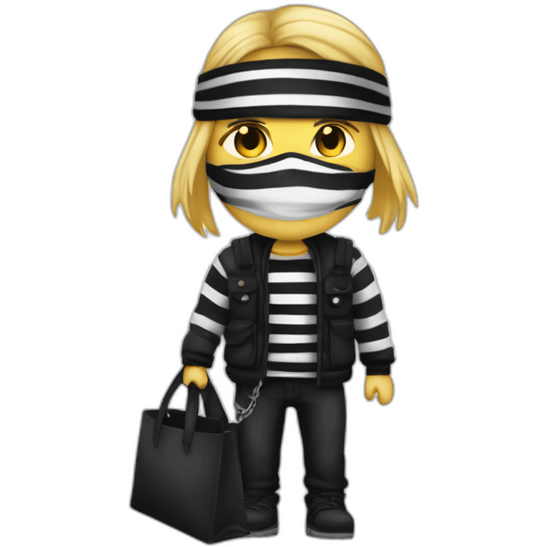 robber with semi long blonde hair wearing a black beanie and a long sleeved white and black horizontally striped t-shirt and wearing black eye mask and a bag of money in his shoulder emoji