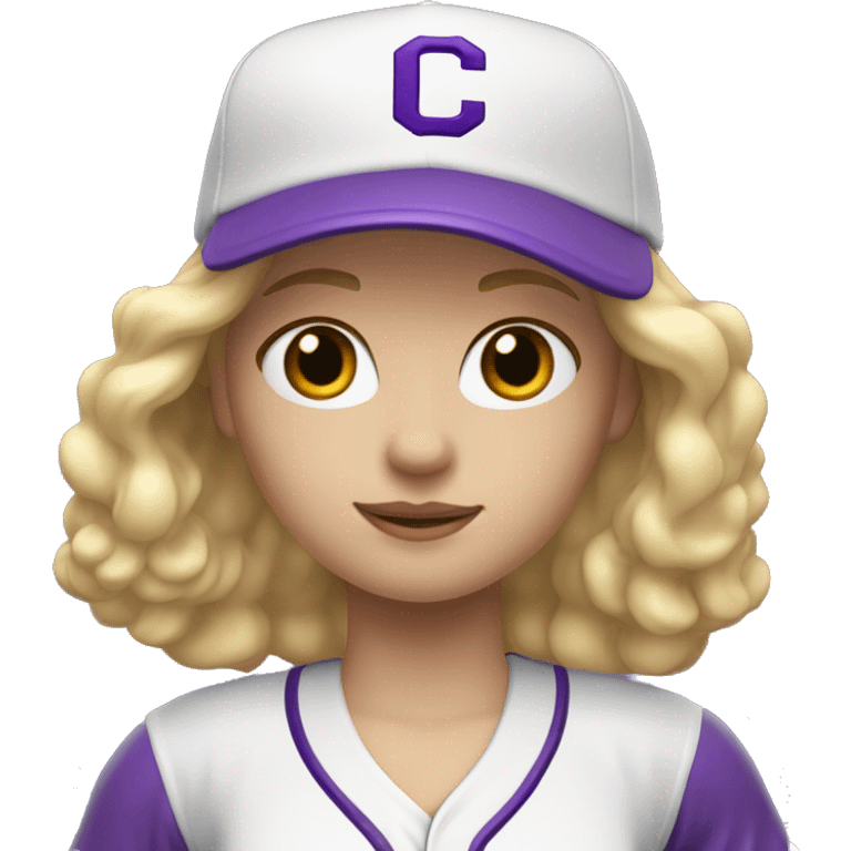 baseball card character. Blonde female long shoulder length hair. letter C logo. white and purple uniform. emoji