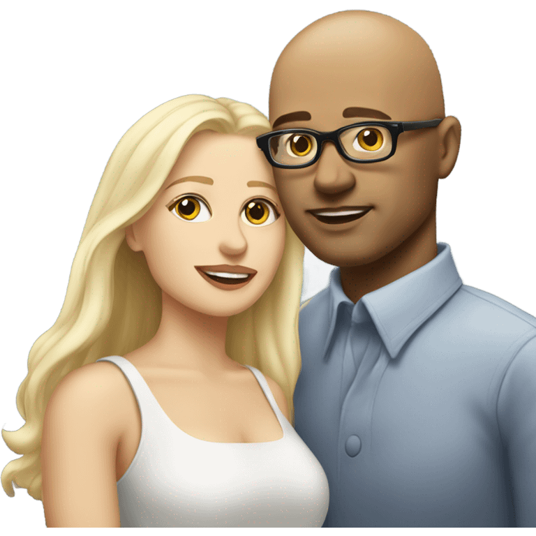 Clean shaven Bald man wearing glasses kissing a white blonde woman with long hair emoji