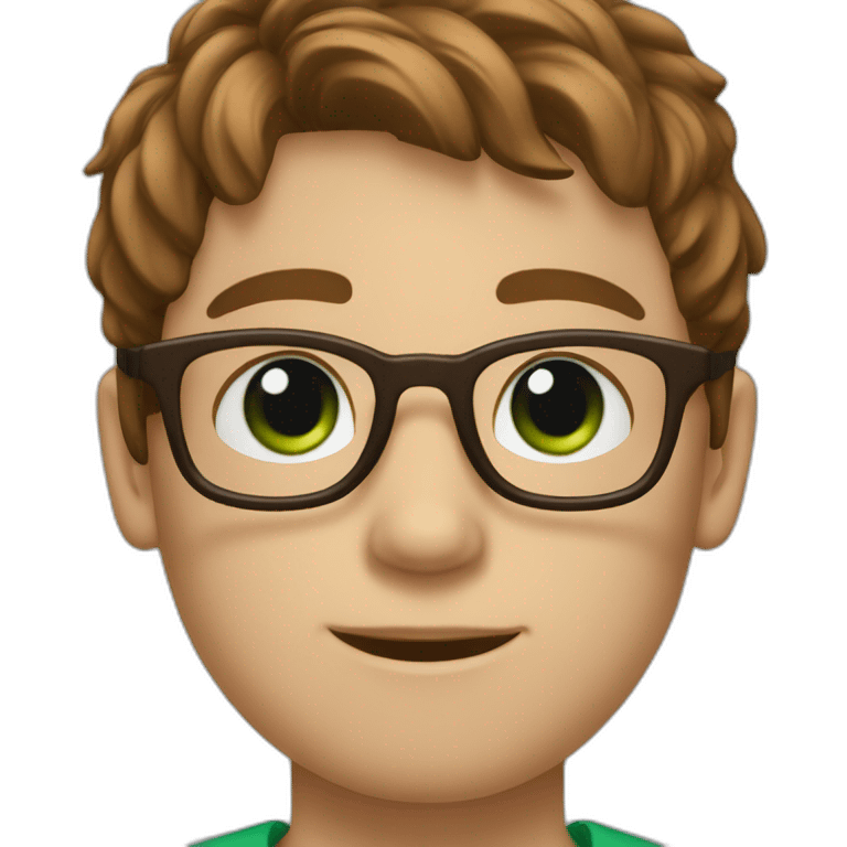 A boy with Brown hairs ans green and Brown eyes with blue eyesglasses emoji