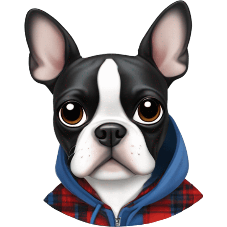 Boston terrier in a blue white red plaid hoodie ￼ emoji