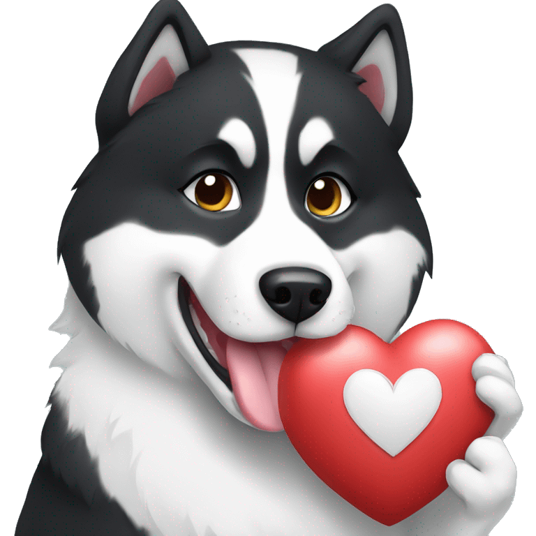 black and white husky hold a big heart emoji