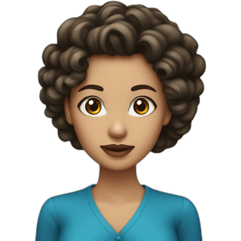 Mujer de cabello negro largo rizado, ojos azules, cara hermosa, piel blanca, un poco cachetona  emoji