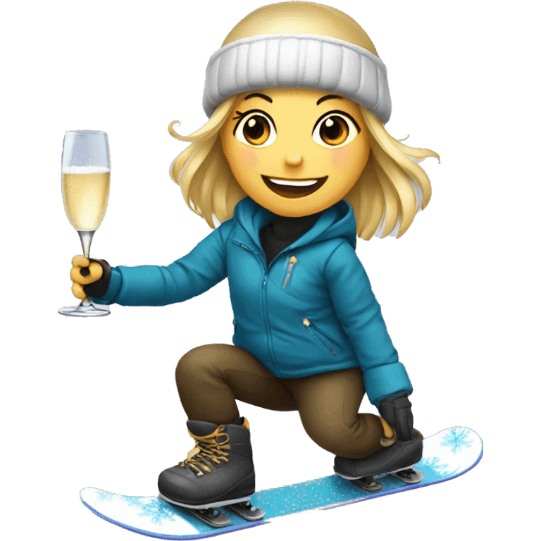 Girl on snowboard with champagne bottle emoji