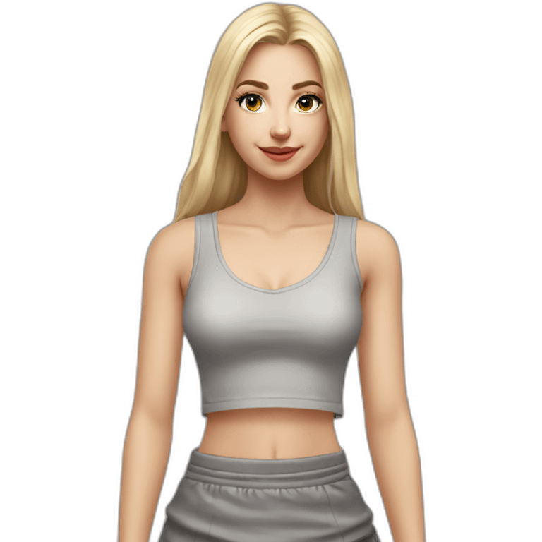 hyperrealist caucasian girl, long straight blonde hair, v-neck laced crop tanktop, grey tight mini skirt emoji