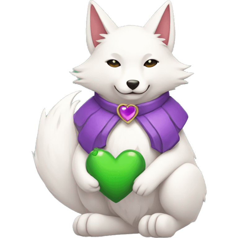 A Kitsune Holding a Purple Heart, a Green Heart and a White Coloured Heart emoji