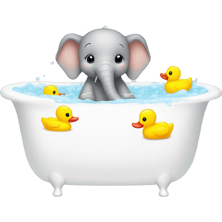 baby elephant having a bath in a white bathtub with little yellow rubber ducks emoji