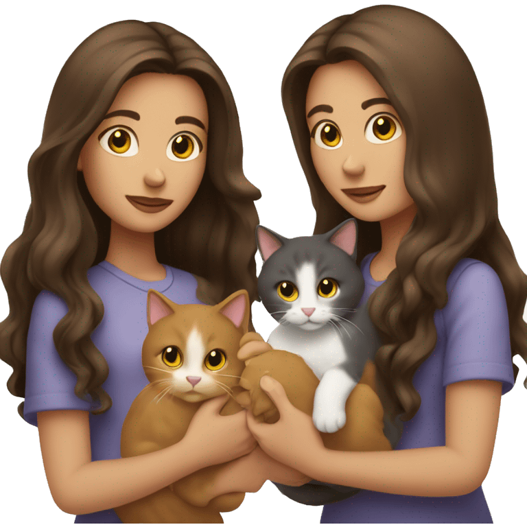 Two long hair brunettes keeping two cats in their hands emoji