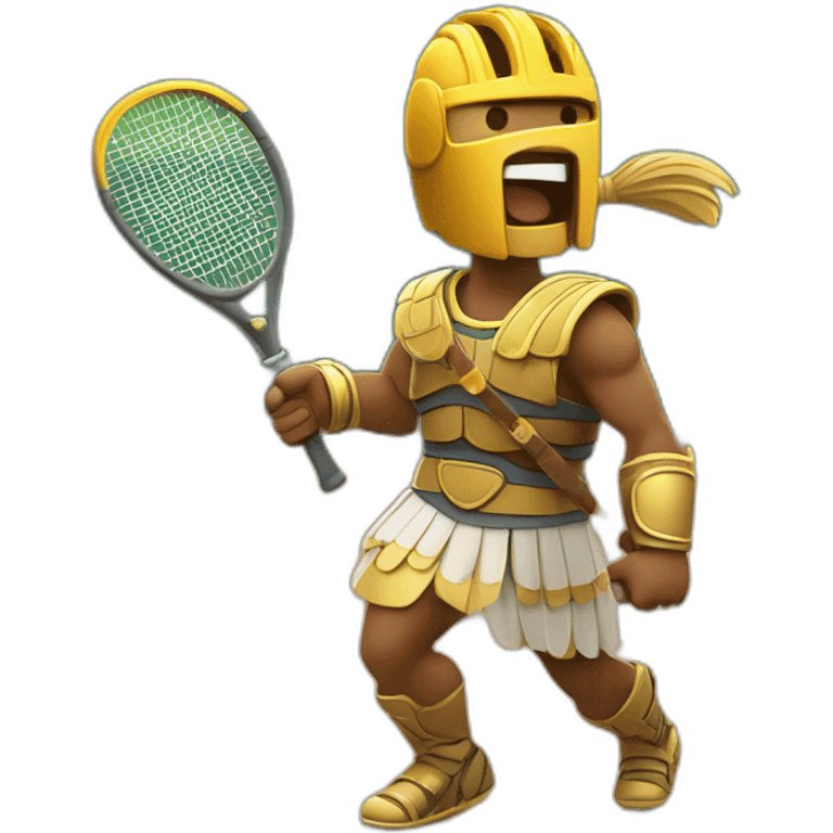 Roman gladiator with one tennis racket on right hand playing in tennis court emoji