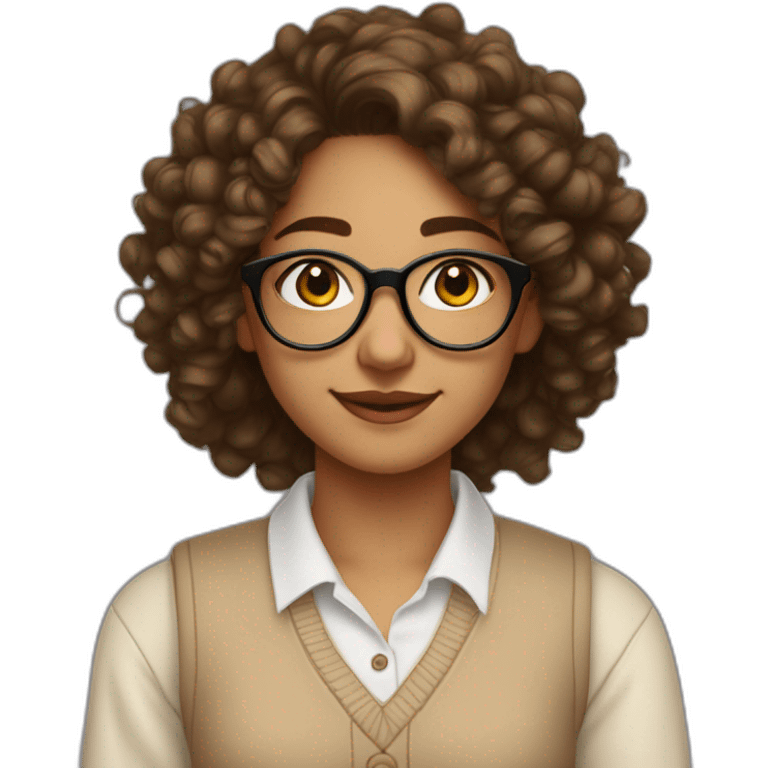 smiling indian teenage girl with curly hair and glasses wearing a collared long sleeve white shirt under a beige v shaped collar sweatervest with no buttons emoji