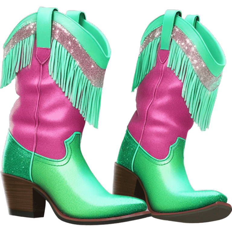 Realistic hot pink to mint green ombre pair of fashion cowgirl boots with sparkly shiny glitter fringe on them. emoji