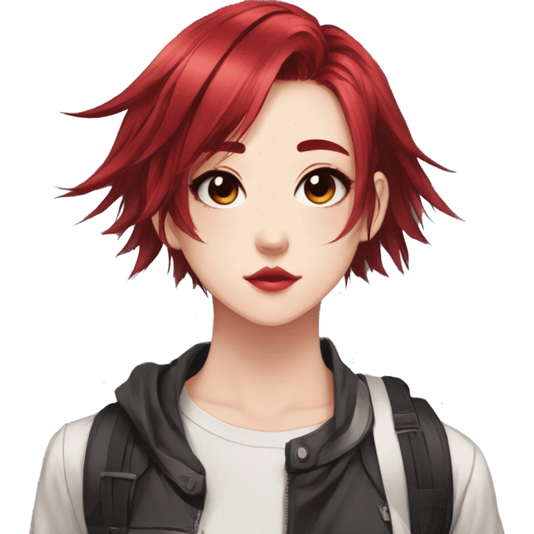 Gorgeous anime style tomboy-lady with blushing face aesthetic and pretty edgy black red punk hair with hair garment trending style emoji