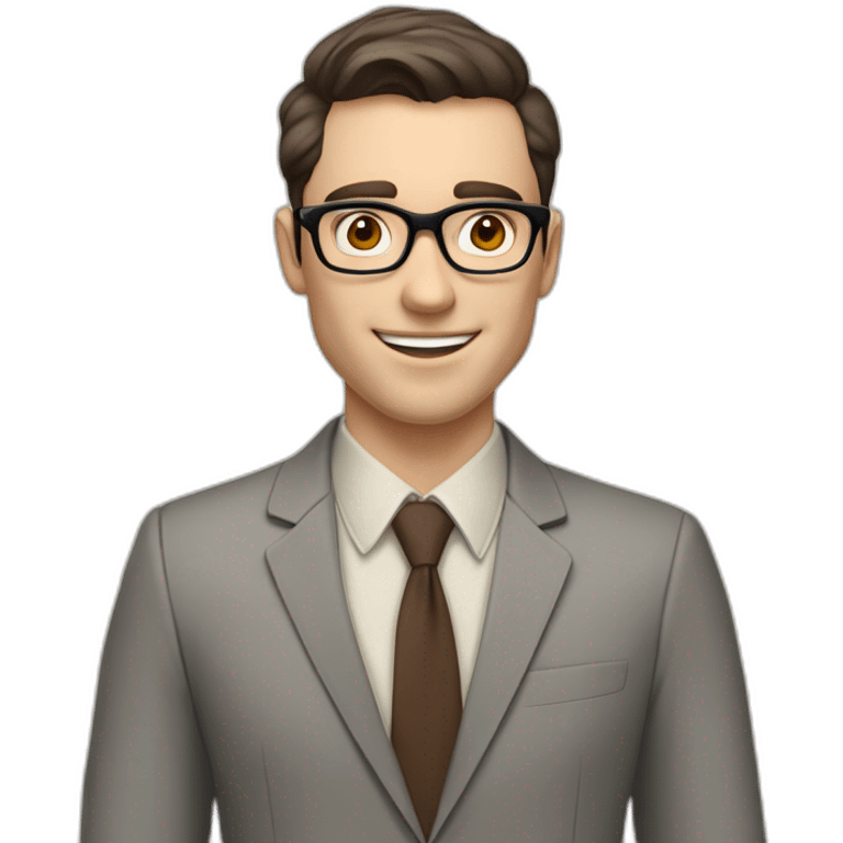 Pale skinned fit man with dark brown hair in gray jacket, beige office shirt, brown tie, brown pants and vintage glasses Writing text on a marker board emoji