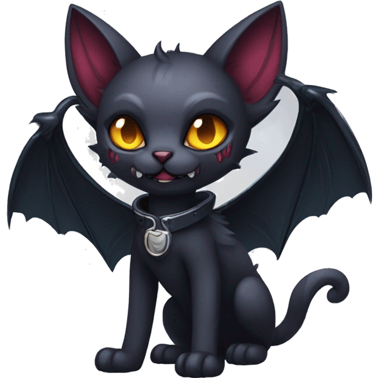  cool edgy fantasy dark-themed animal vampiric cat-hybrid Fakemon with fangs and bat-wing-ears with a collar full body emoji