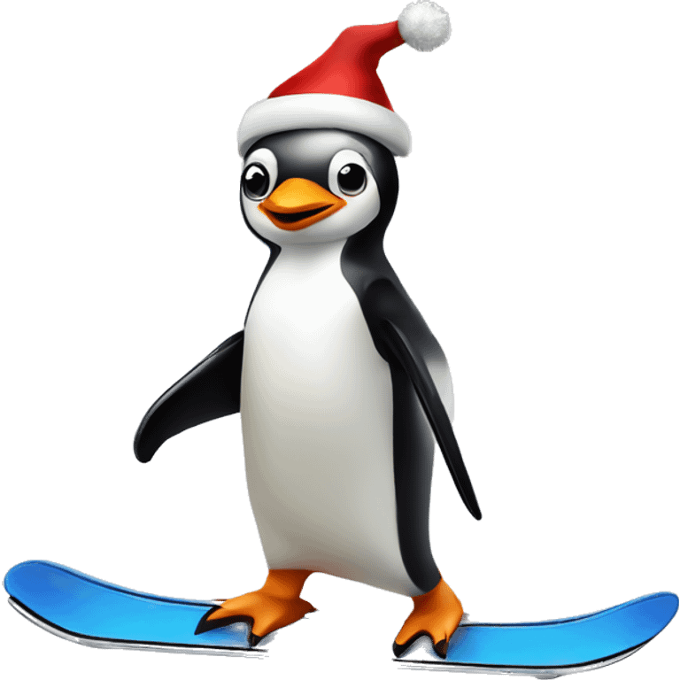 Penguin on skis wearing a Santa hat emoji