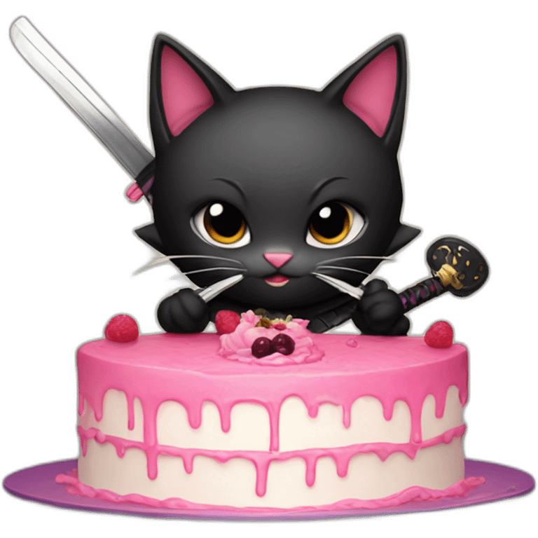 Ninja cat cuts cake with  katana emoji