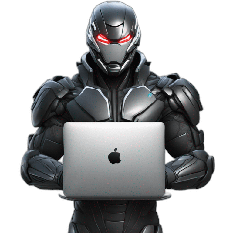 Side view developer behind his laptop with this style : Crytek Crysis Video game with nanosuit hacker themed character emoji