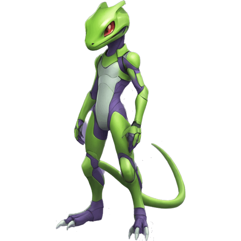 A Lizard-Reptile-Raptor-Alien-Genesect-Mewtwo-Fakémon, with a futuristic visor-helmet, wearing a techwear-suit, Full Body emoji